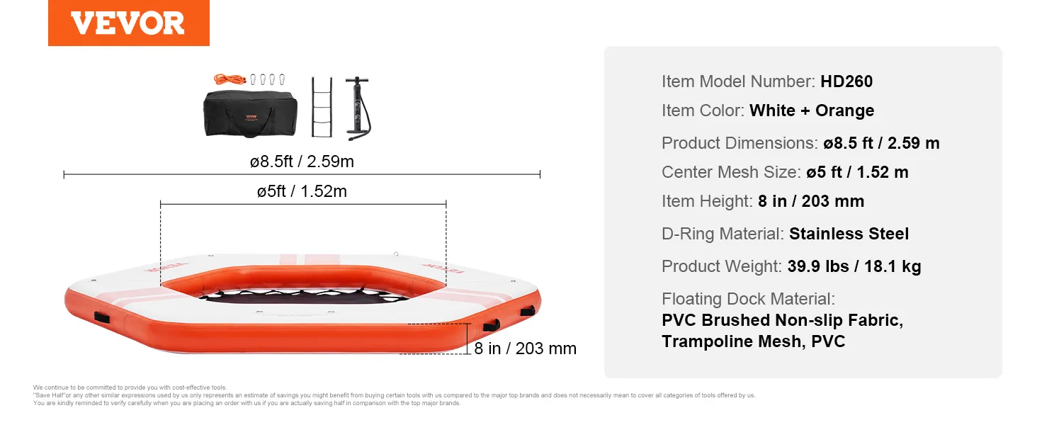 VEVOR inflatable floating dock, white and orange, 8.5ft diameter, stainless steel d-ring, 39.9 lbs.