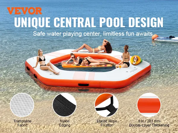 VEVOR inflatable floating dock with unique central pool design, nylon edging, and elastic rope fixation.