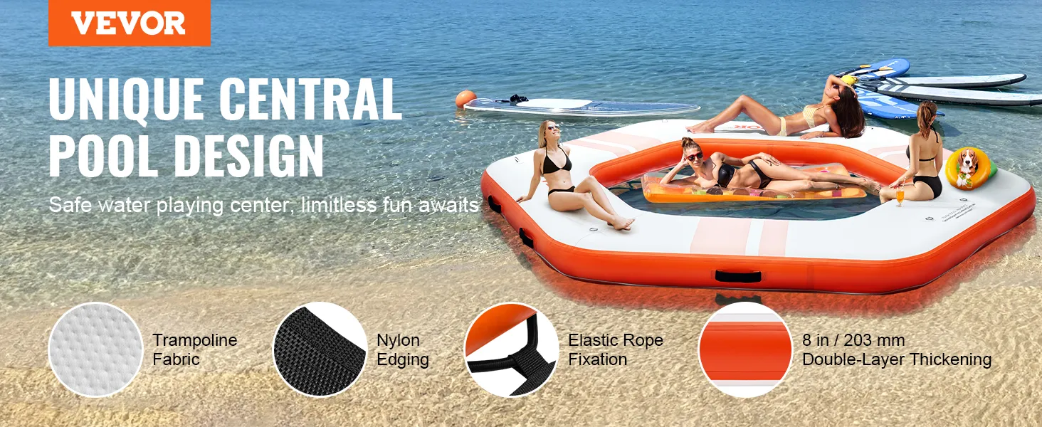VEVOR inflatable floating dock with unique central pool design, nylon edging, and elastic rope fixation.