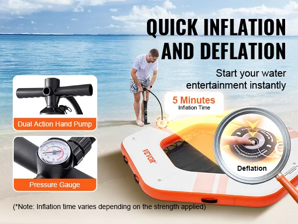 VEVOR inflatable floating dock with dual action hand pump and pressure gauge for quick inflation.
