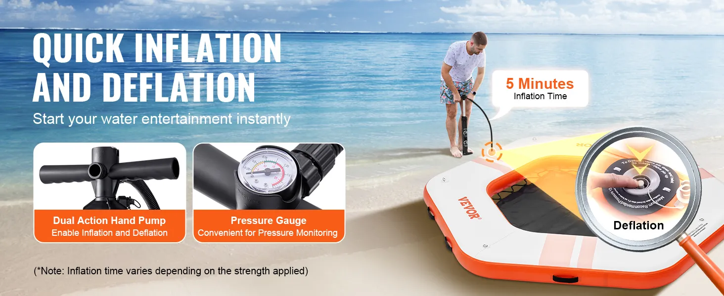 VEVOR inflatable floating dock with dual action hand pump and pressure gauge for quick inflation.