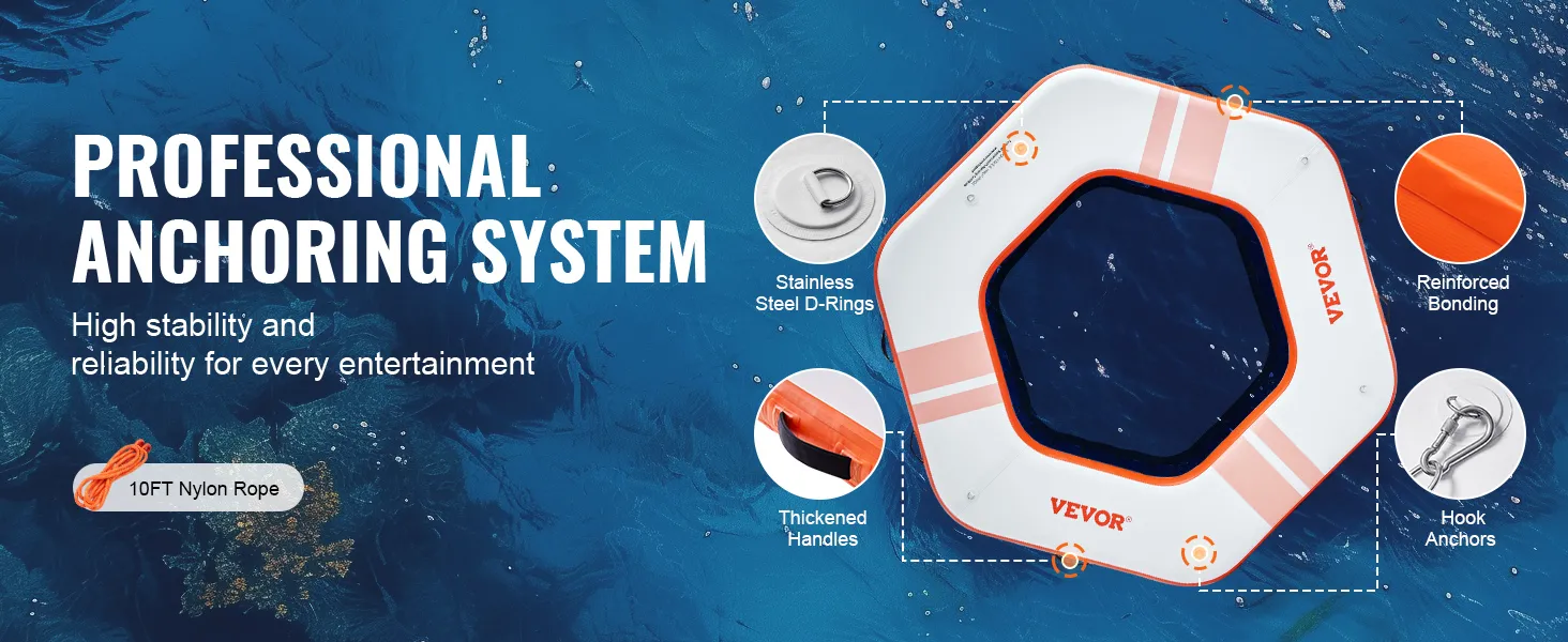 VEVOR inflatable floating dock with professional anchoring system, nylon rope, and reinforced bonding.
