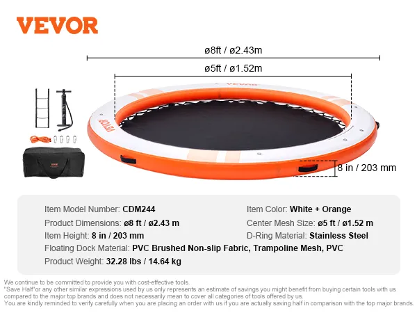VEVOR inflatable floating dock, 8ft diameter, white and orange, pvc brushed fabric, stainless steel d-rings.