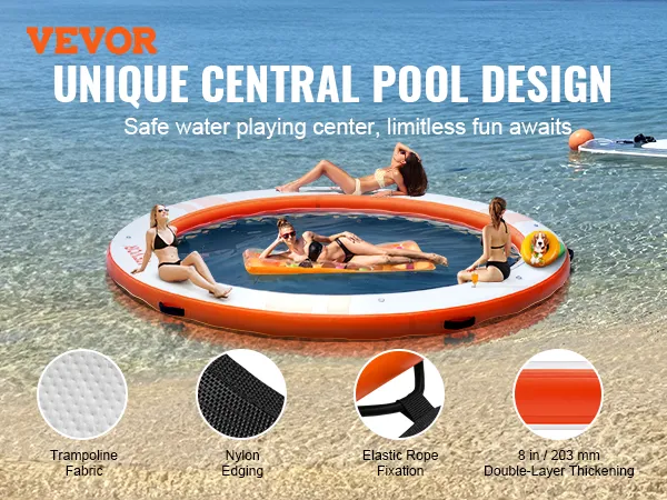 VEVOR inflatable floating dock with central pool design on clear water with paddleboards and lounging people.