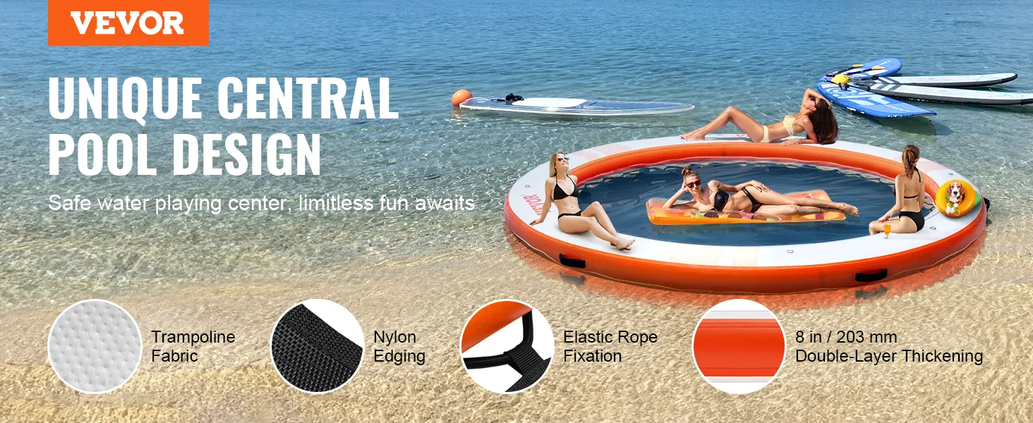 VEVOR inflatable floating dock with central pool design on clear water with paddleboards and lounging people.