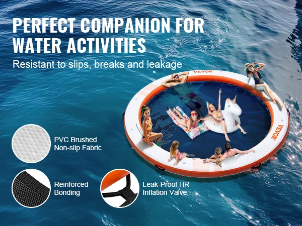 VEVOR inflatable floating dock with non-slip pvc fabric, reinforced bonding, and leak-proof hr valve.