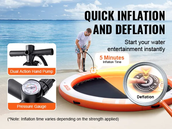 VEVOR inflatable floating dock with quick 5-minute inflation, dual action hand pump, and pressure gauge.