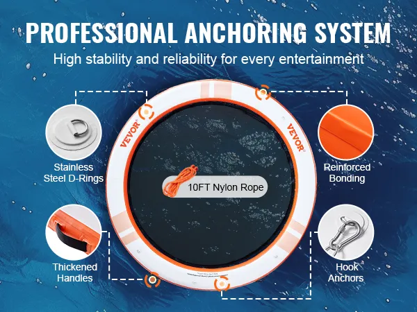 VEVOR inflatable floating dock with stainless steel d-rings, hook anchors, reinforced bonding, and thickened handles.