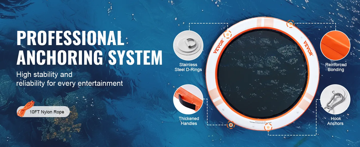 VEVOR inflatable floating dock with stainless steel d-rings, hook anchors, reinforced bonding, and thickened handles.