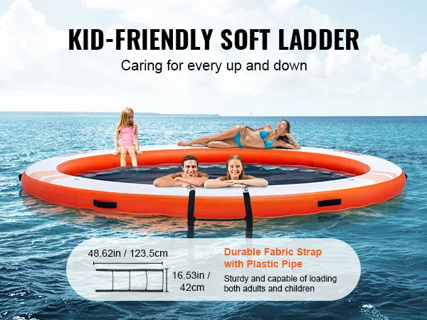 VEVOR inflatable floating dock with kid-friendly soft ladder for safe access, shown with children and adult relaxing.