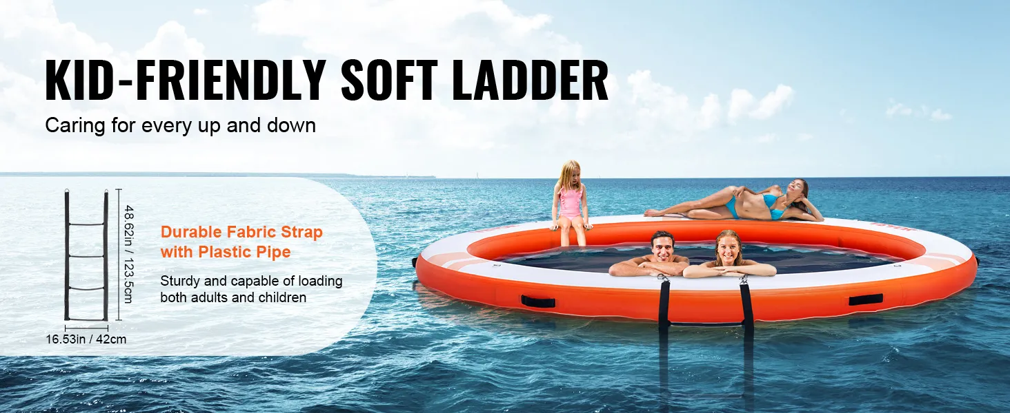 VEVOR inflatable floating dock with kid-friendly soft ladder for safe access, shown with children and adult relaxing.