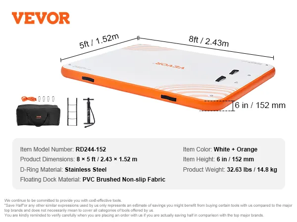 VEVOR inflatable floating dock in white and orange with accessories, features dimensions and specs.