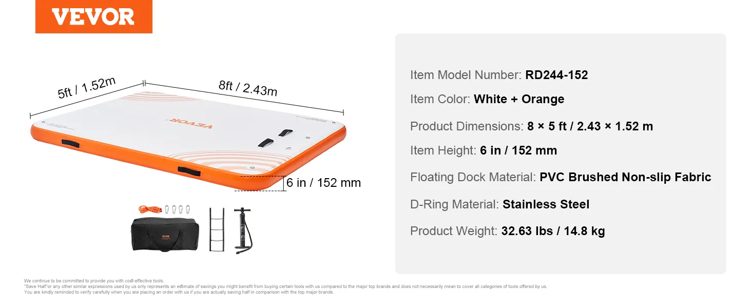 VEVOR inflatable floating dock in white and orange with accessories, features dimensions and specs.