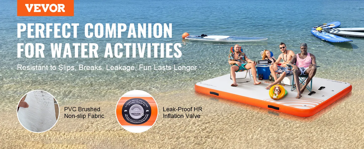 VEVOR inflatable floating dock with people relaxing on it and paddleboards on the water nearby.