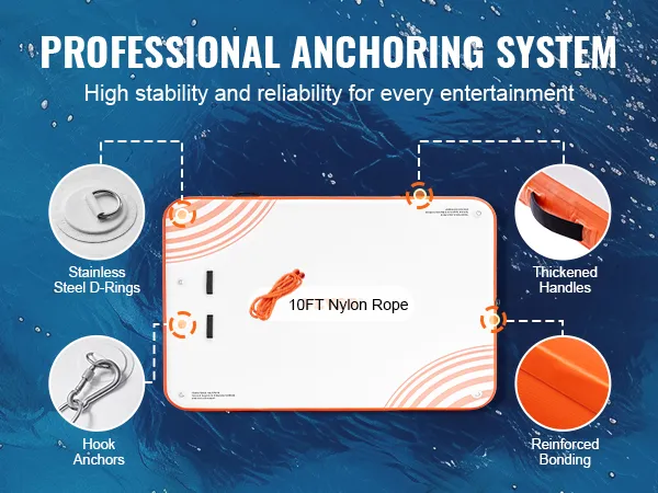 VEVOR inflatable floating dock with professional anchoring system, stainless steel d-rings, and thickened handles.