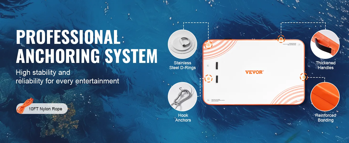 VEVOR inflatable floating dock with professional anchoring system, stainless steel d-rings, and thickened handles.