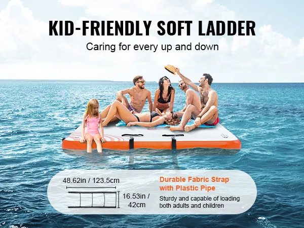VEVOR inflatable floating dock with kid-friendly soft ladder for safe access, enjoyed by a family on the water.
