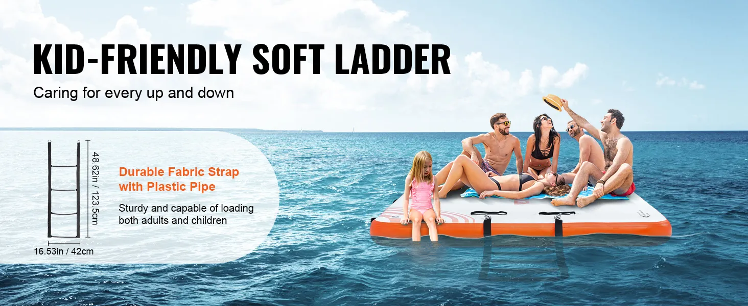 VEVOR inflatable floating dock with kid-friendly soft ladder for safe access, enjoyed by a family on the water.