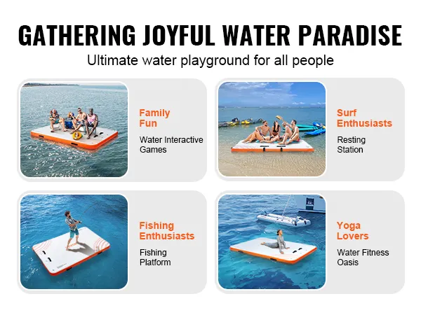VEVOR inflatable floating dock for family fun, surf resting, fishing, and yoga in a joyful water paradise.