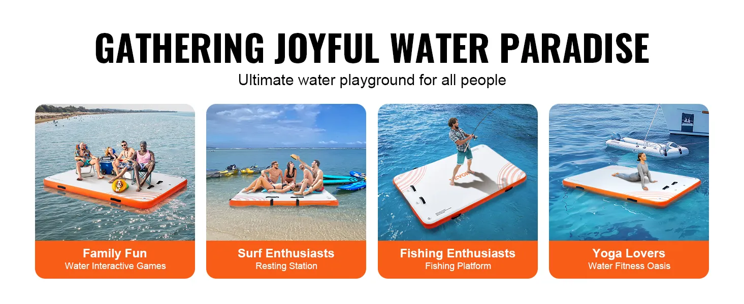 VEVOR inflatable floating dock for family fun, surf resting, fishing, and yoga in a joyful water paradise.