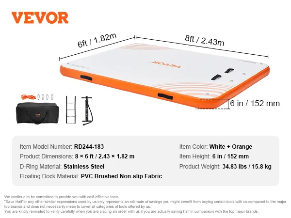 VEVOR inflatable floating dock, 8ft x 6ft, white and orange, pvc non-slip fabric, stainless steel d-ring.