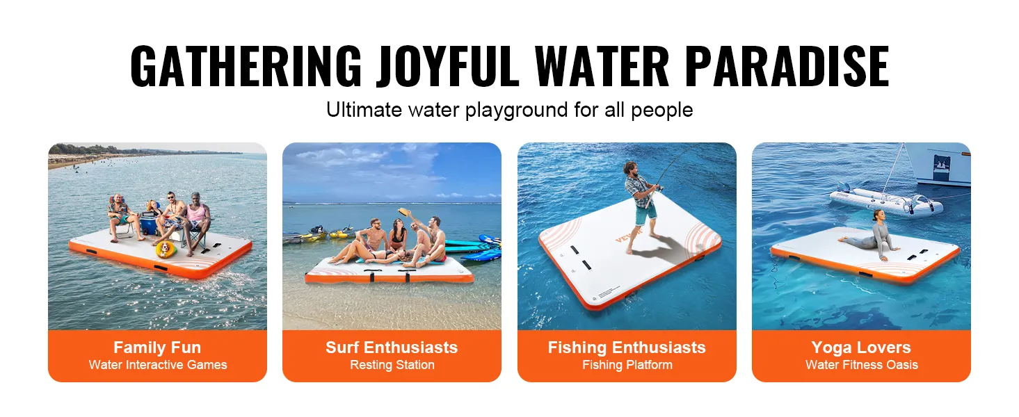 gathering on VEVOR inflatable floating dock: family fun, surfing, fishing, and yoga.