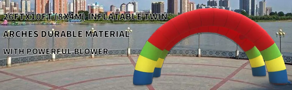 VEVOR inflatable rainbow arch with urban park background and waterfront view.