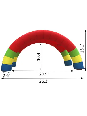 VEVOR inflatable rainbow arch with red, green, yellow, and blue sections, showing dimensions.