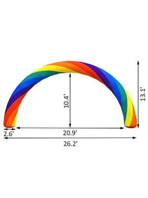 Arco de arcoíris inflable VEVOR con dimensiones etiquetadas en rayas de colores.