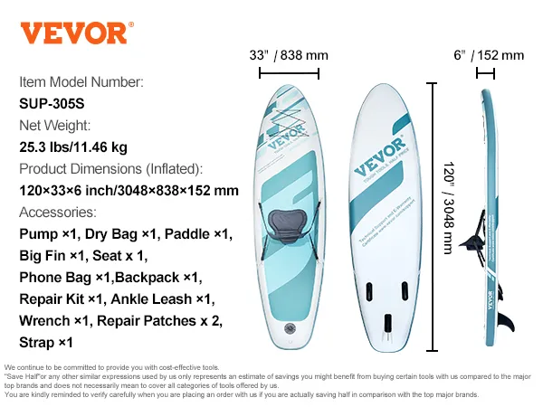 VEVOR opblaasbaar paddleboard sup-305s, 120x33x6 inch, 25,3 lbs, peddel, pomp, rugzak, accessoires inbegrepen.