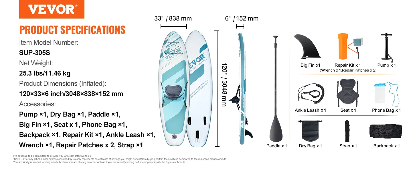 VEVOR opblaasbaar paddleboard sup-305s, 120x33x6 inch, 25,3 lbs, peddel, pomp, rugzak, accessoires inbegrepen.