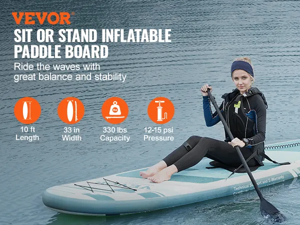 VEVOR opblaasbaar paddleboard voor op het water, met de volgende kenmerken: 3 meter lang, 84 cm breed, draagvermogen van 150 kg.