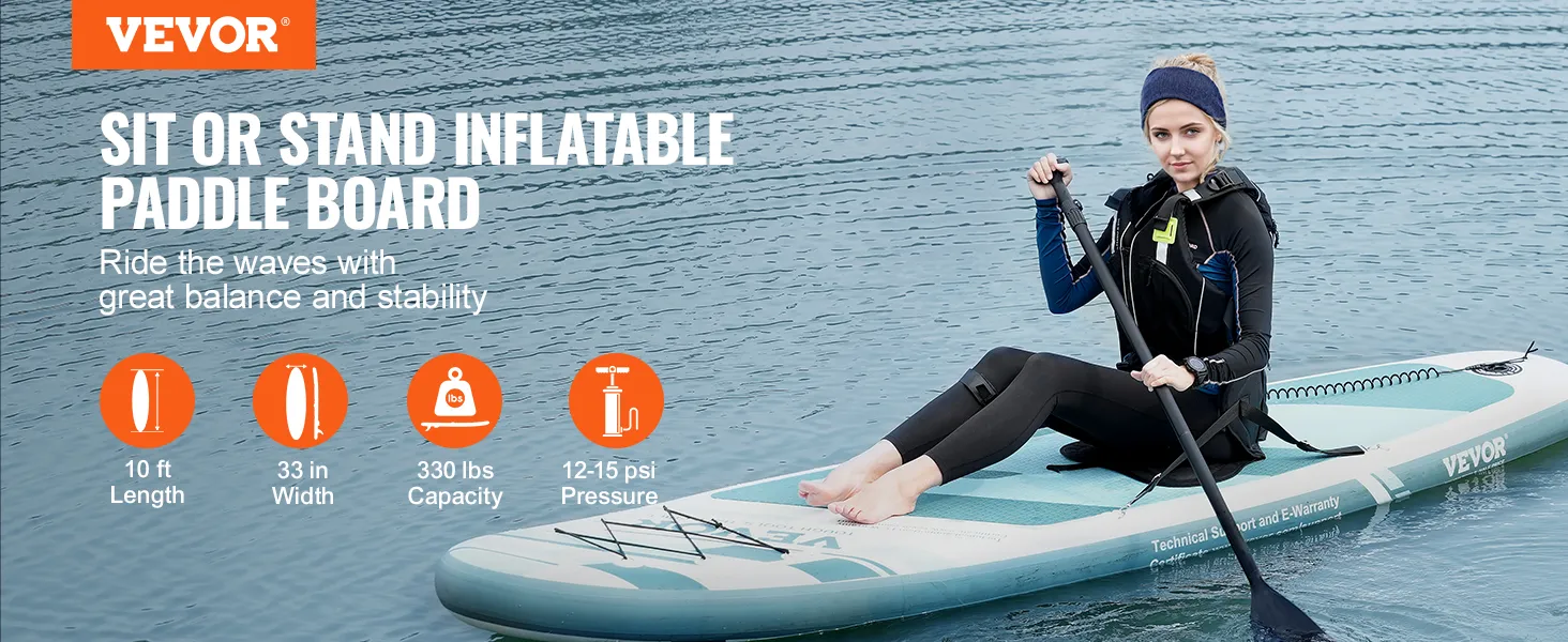 VEVOR opblaasbaar paddleboard voor op het water, met de volgende kenmerken: 3 meter lang, 84 cm breed, draagvermogen van 150 kg.