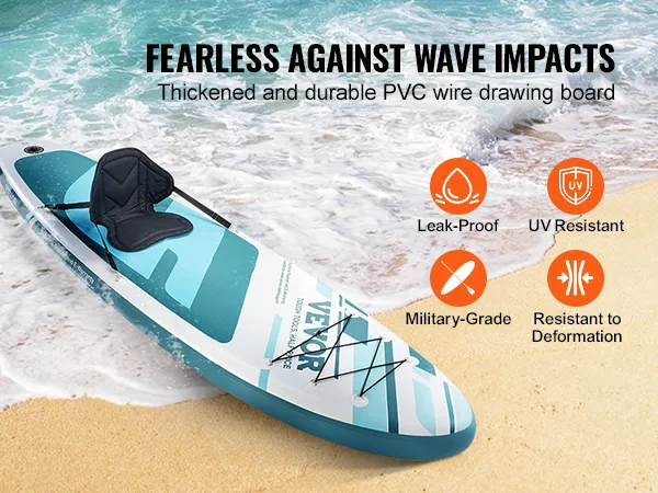Opblaasbaar VEVOR-paddleboard op het strand, met lekvrije, uv-bestendige en militaire eigenschappen.