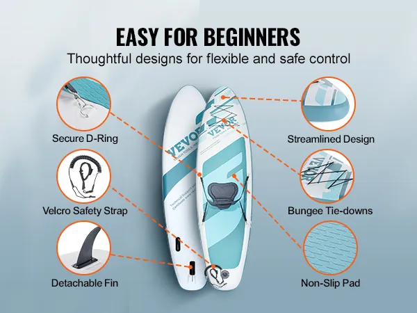 VEVOR opblaasbaar paddleboard met veilige D-ring, klittenbandsluiting, afneembare vin en antislipmat.