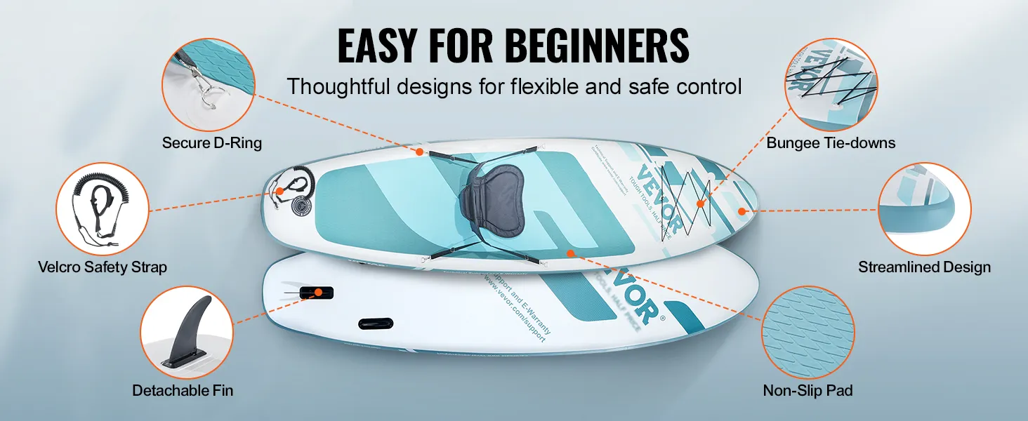 VEVOR opblaasbaar paddleboard met veilige D-ring, klittenbandsluiting, afneembare vin en antislipmat.