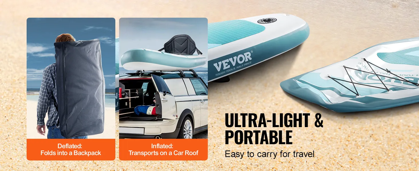 VEVOR opblaasbaar paddleboard: lichtgewicht, opvouwbaar tot een rugzak en eenvoudig te vervoeren op het dak. Perfect voor op reis.