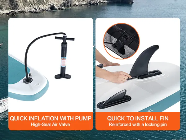 VEVOR opblaasbaar paddleboard met snel opblaaspomp en eenvoudig te installeren vin met borgpen.