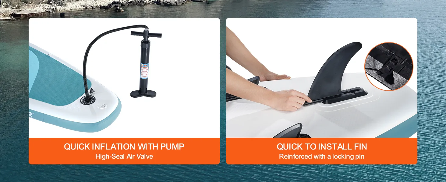 VEVOR opblaasbaar paddleboard met snel opblaaspomp en eenvoudig te installeren vin met borgpen.