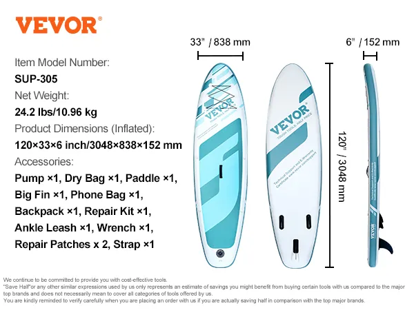 Especificaciones y conjunto de accesorios de la tabla de remo inflable VEVOR.