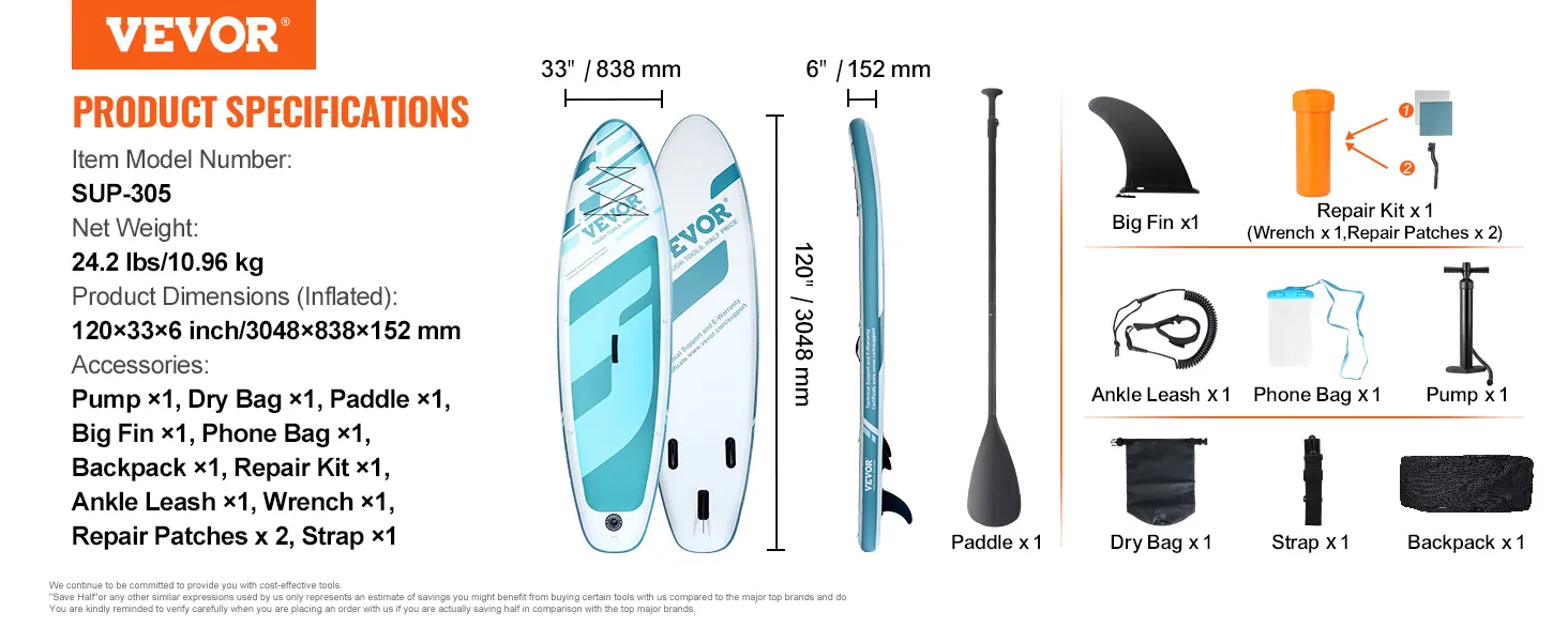 Especificaciones y conjunto de accesorios de la tabla de remo inflable VEVOR.