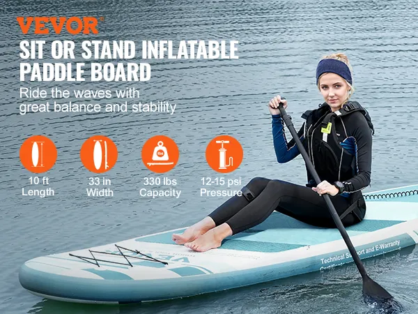 Tabla de remo inflable VEVOR, 10 pies de largo, 33 pulgadas de ancho, capacidad de 330 libras, presión de 12 a 15 psi.