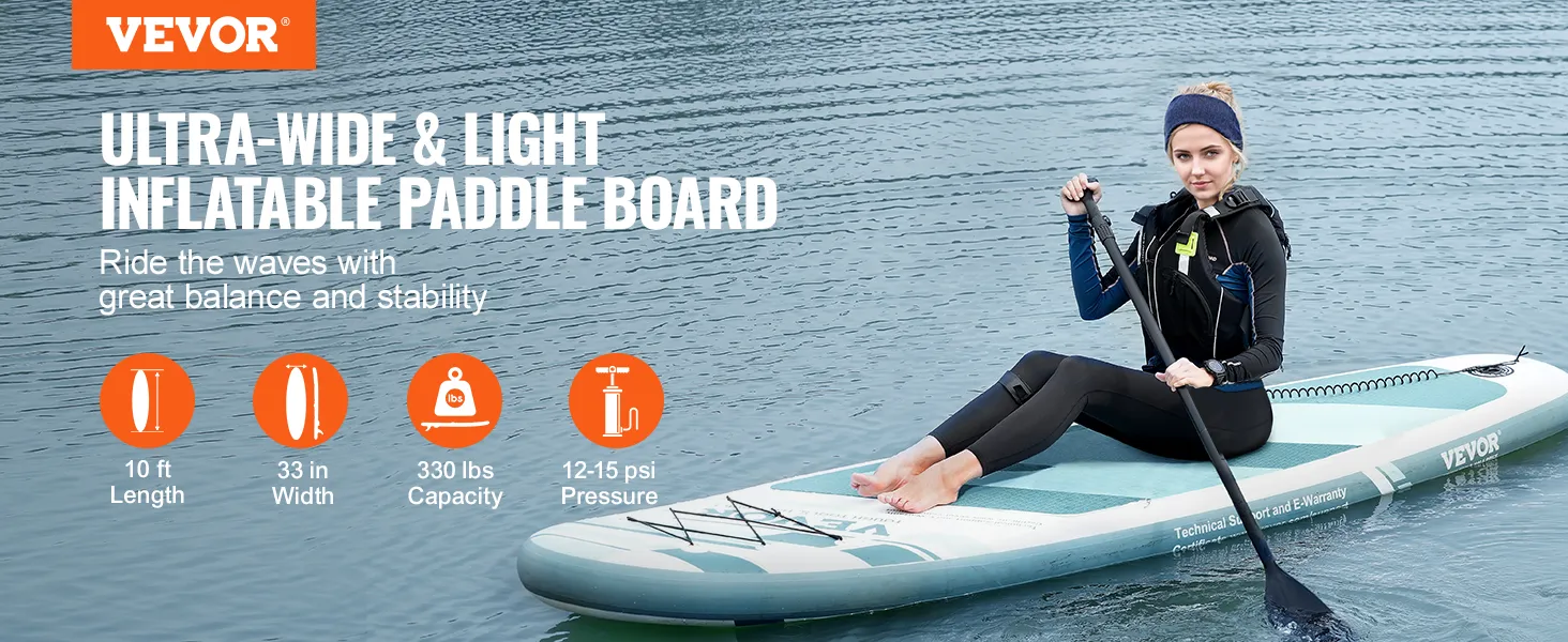 Tabla de remo inflable VEVOR, 10 pies de largo, 33 pulgadas de ancho, capacidad de 330 libras, presión de 12 a 15 psi.