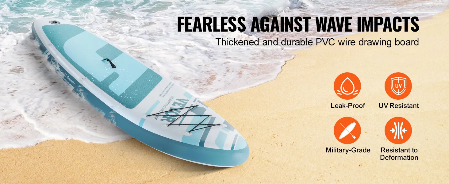 Tabla de remo inflable VEVOR en la playa, que muestra resistencia a fugas, a los rayos UV y durabilidad.