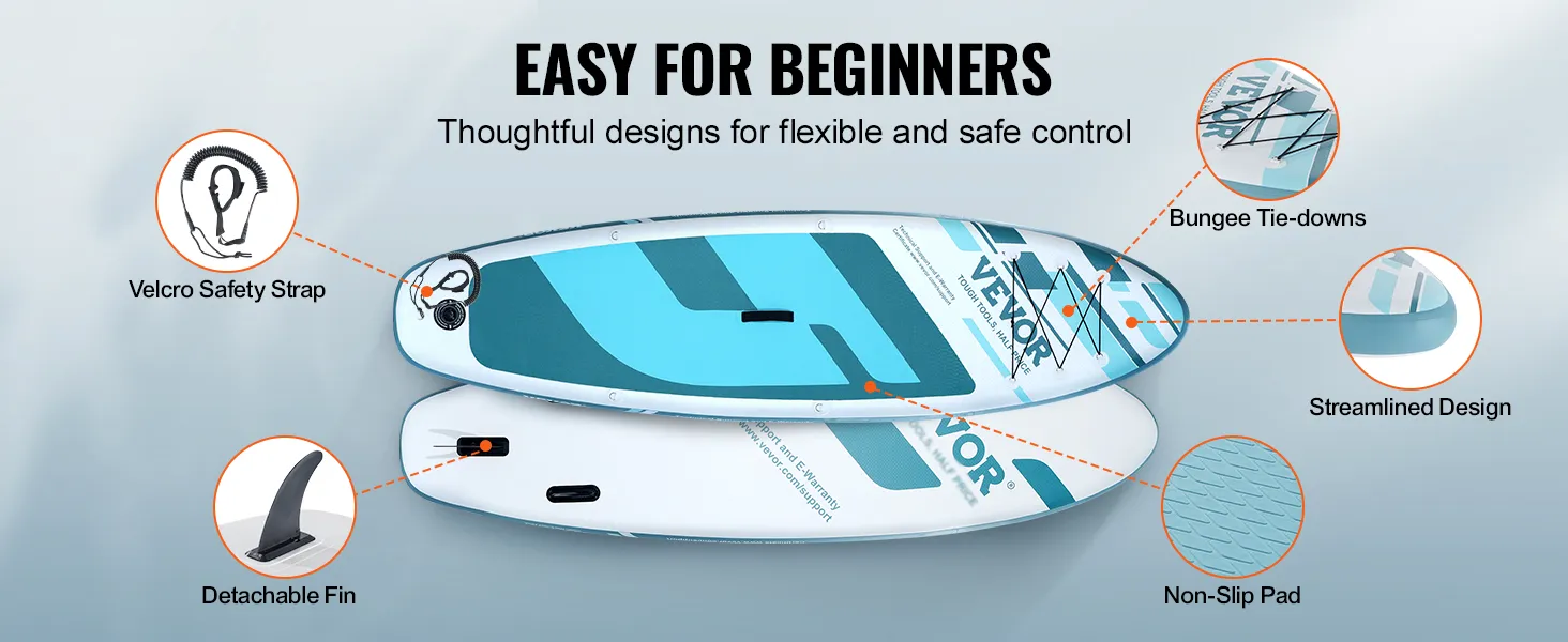 La tabla de surf de remo inflable VEVOR cuenta con almohadilla antideslizante, aleta desmontable y amarres elásticos.
