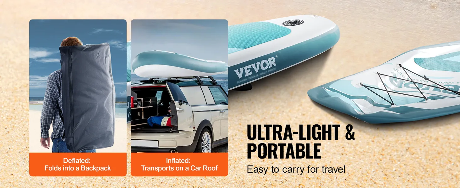 Tabla de surf de remo inflable VEVOR, liviana, se pliega en una mochila, fácil de transportar en el techo del automóvil.