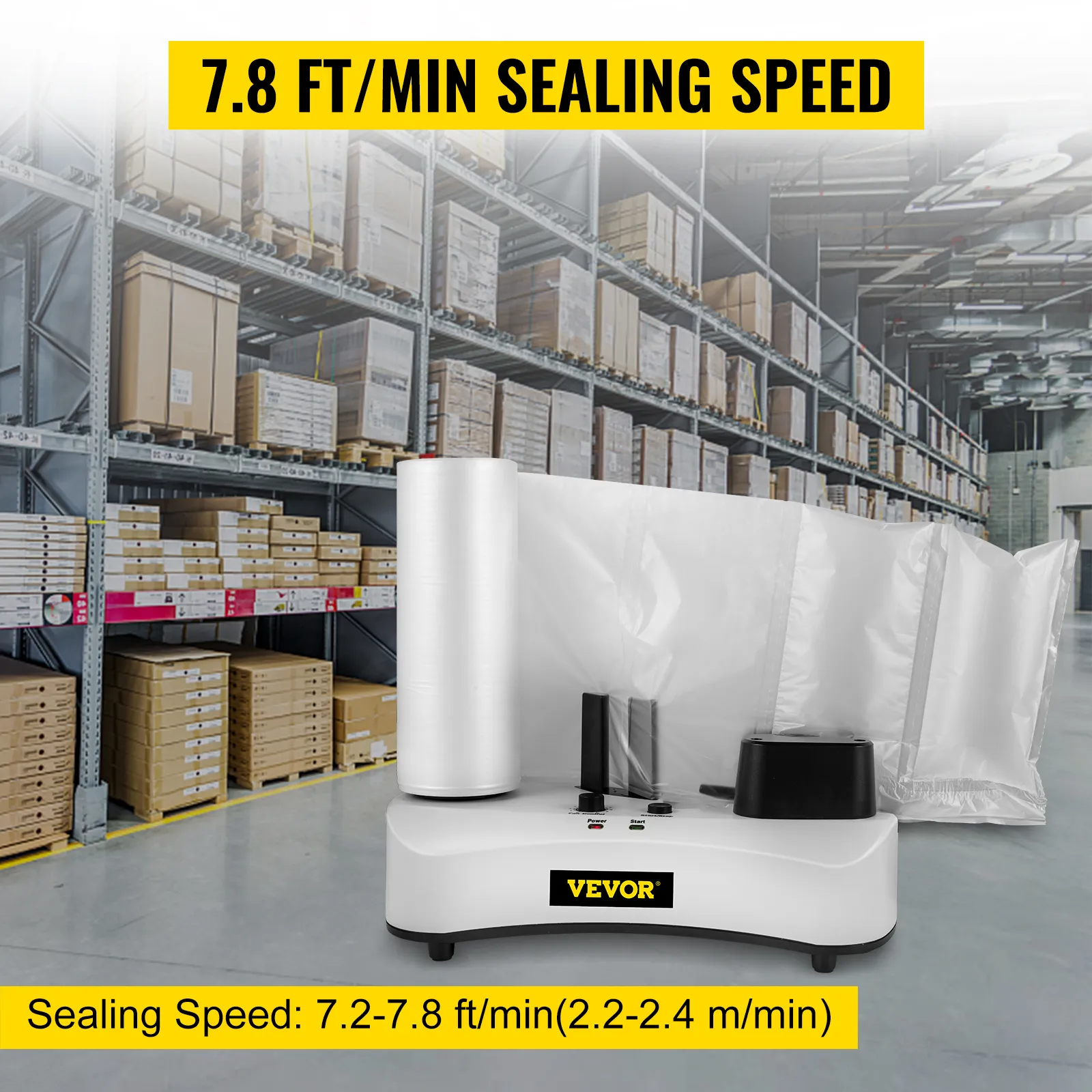 Máquina de cojines de aire VEVOR en almacén, velocidad de sellado de 7,8 pies/min, con rollos y cojines.