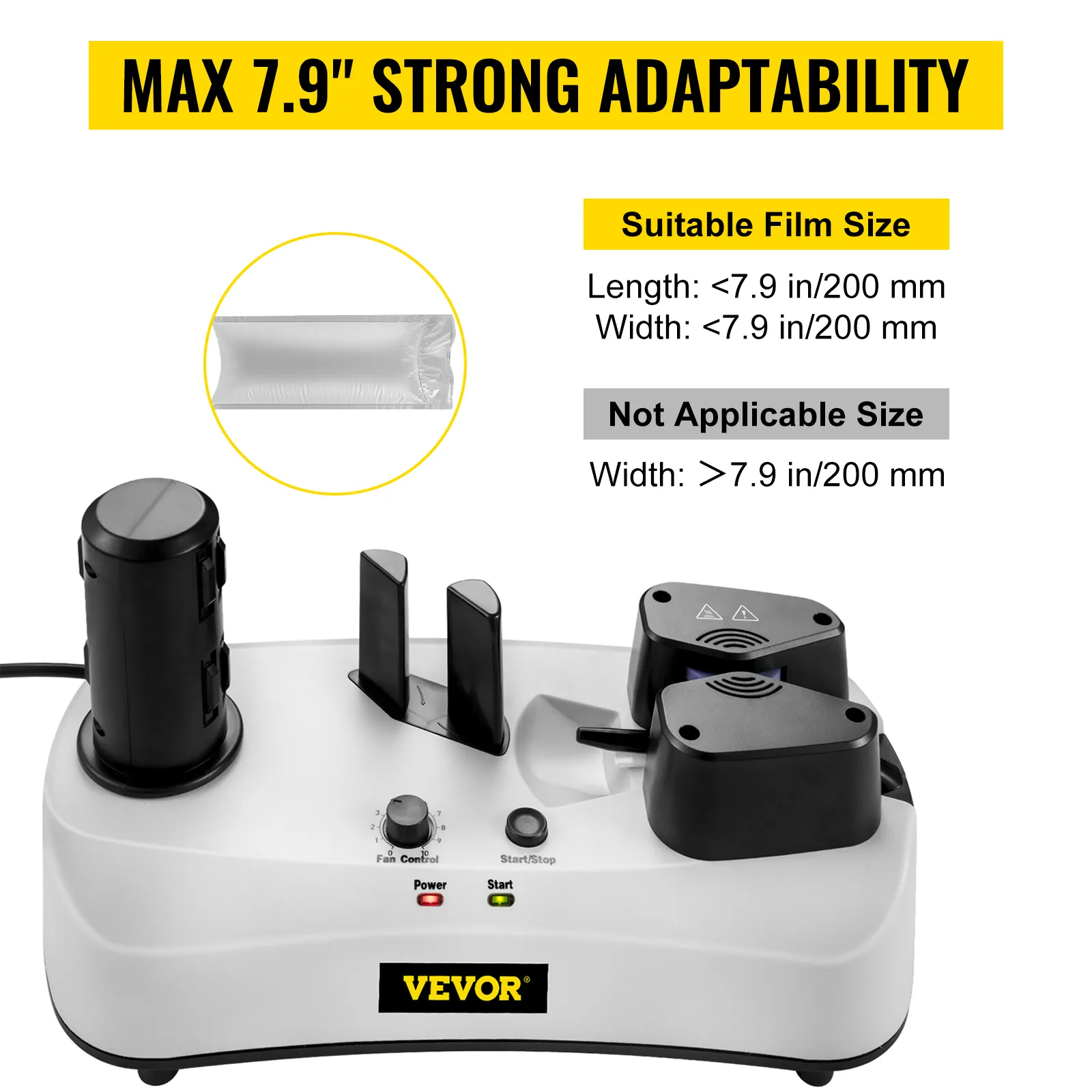 Máquina de colchón de aire VEVOR con adaptabilidad máxima de 7,9" y guía de tamaño de película adecuada.