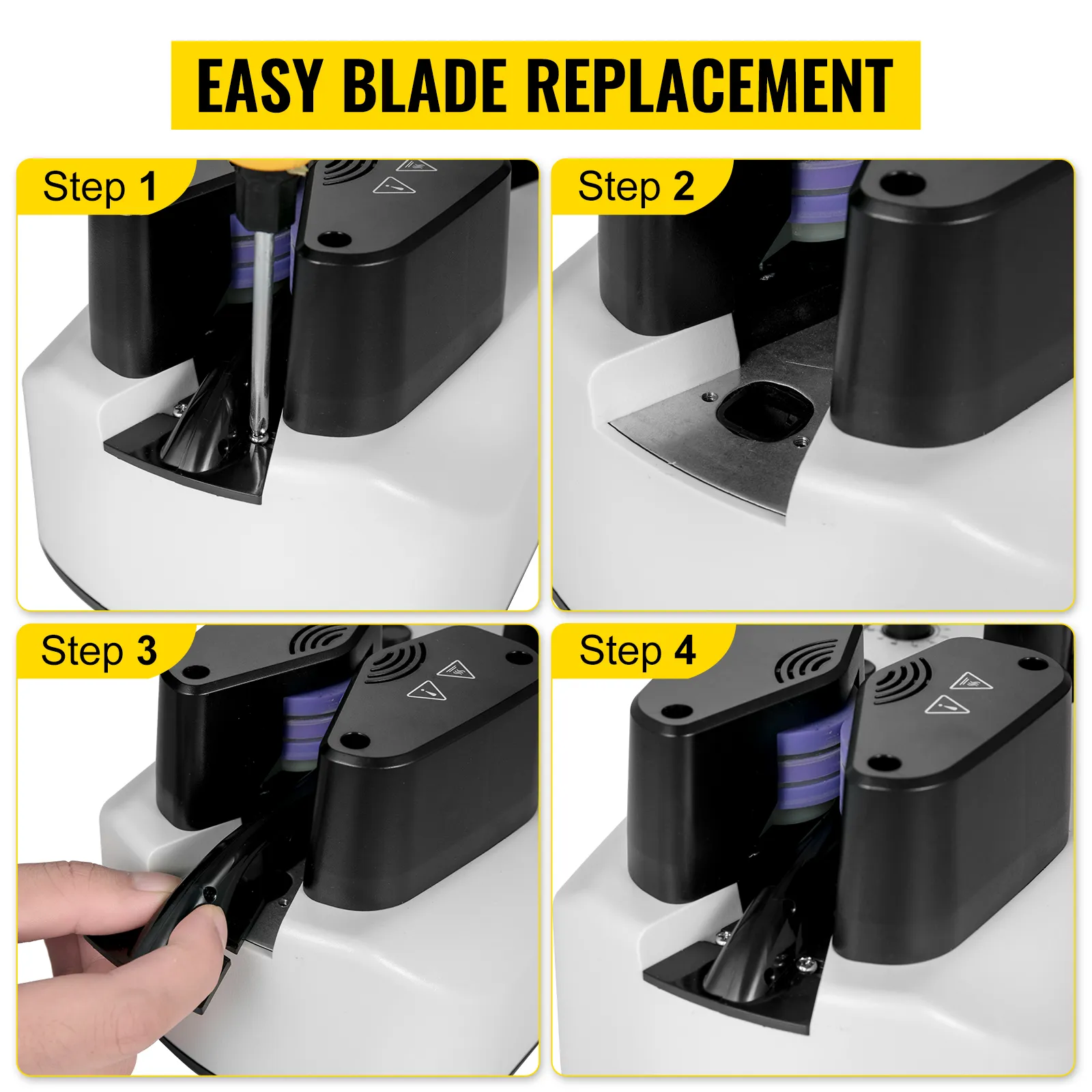 Pasos sencillos para el reemplazo de cuchillas de la máquina de colchón de aire VEVOR que se muestran en cuatro imágenes.