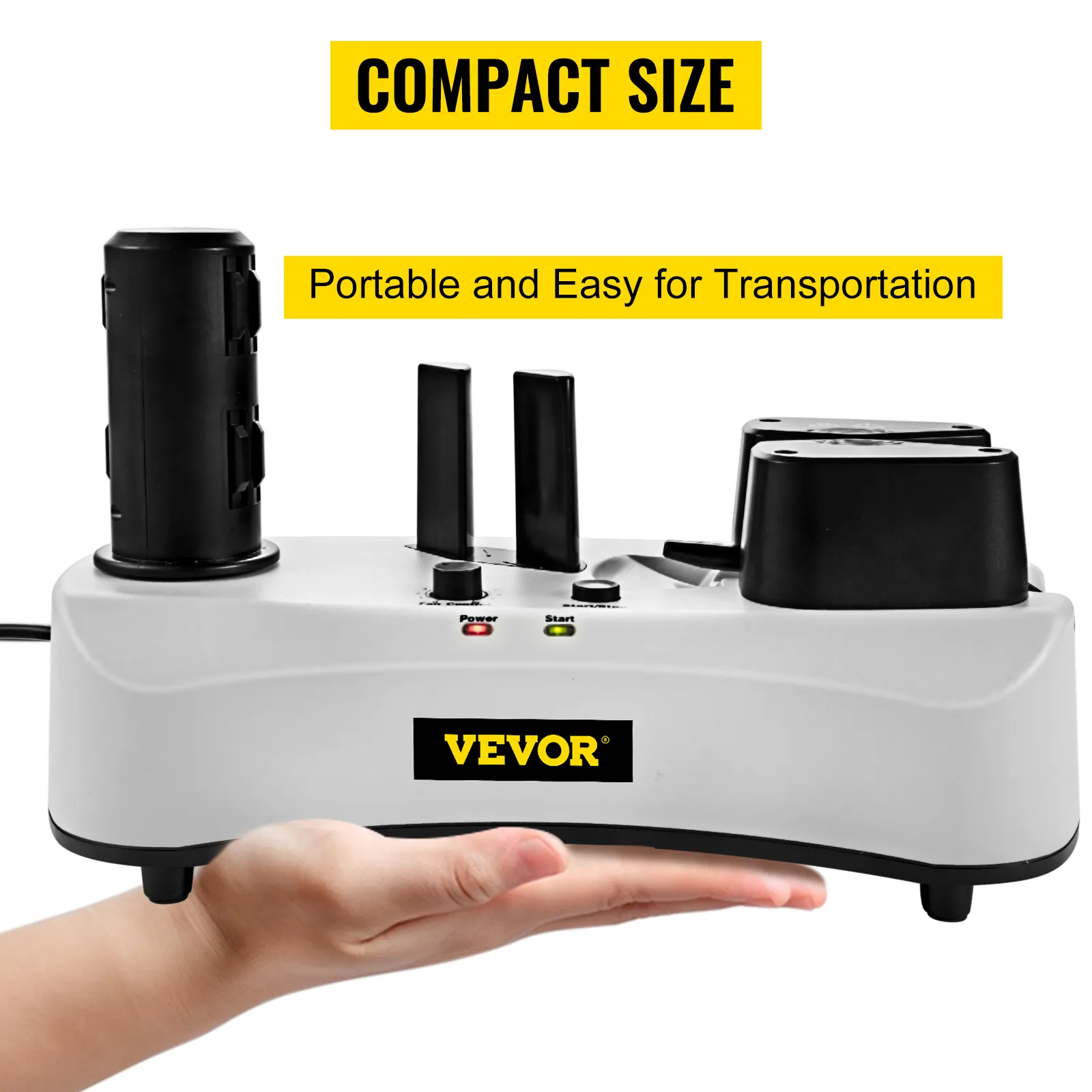 Máquina de colchón de aire VEVOR en tamaño compacto, mostrada en una mano para escala.